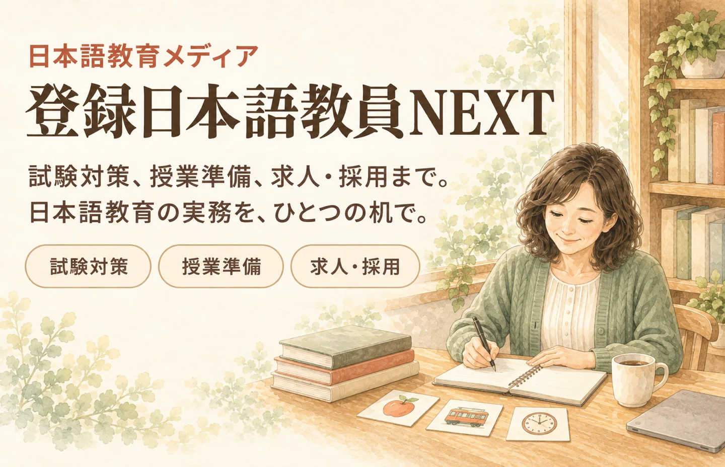 登録日本語教員NEXT のキービジュアル（日本語教育メディア。試験対策、授業準備、求人・採用まで）